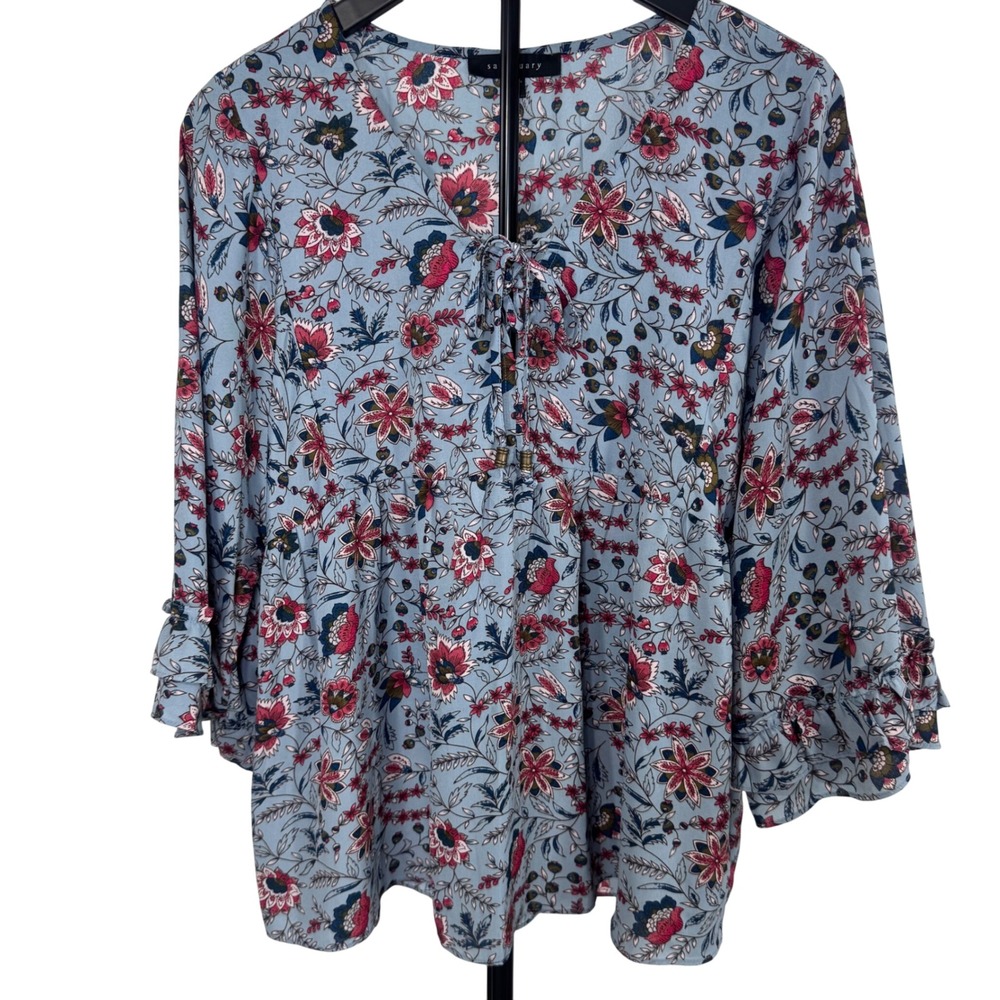 Sanctuary Women Floral Print Peasant Blouse Top‎ Blue Red Boho Bohemian Size M